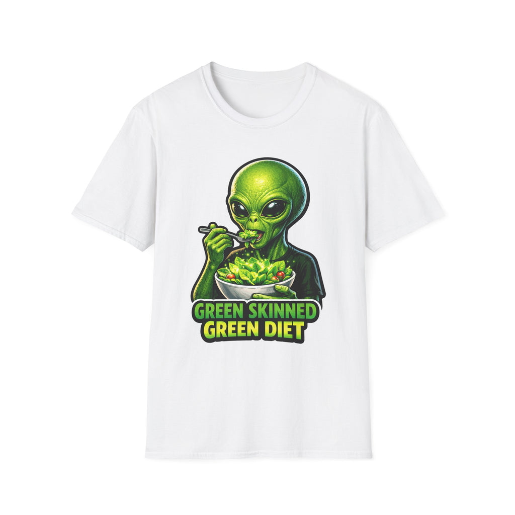 Green Skinned Green Diet Funny Alien Eating Salad T-Shirt | Cosmic Encounters Collection by PetPulse