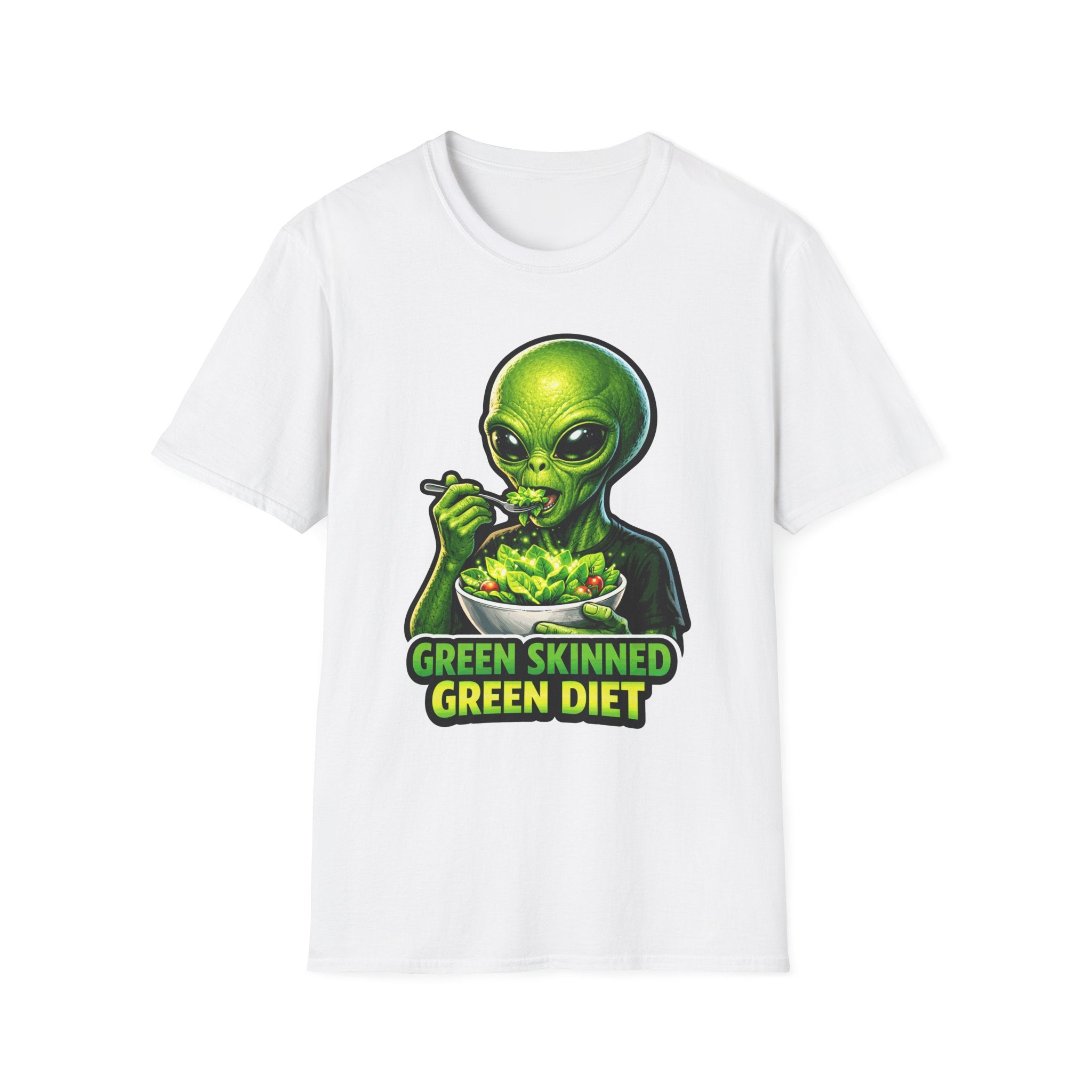 Green Skinned Green Diet Funny Alien Eating Salad T-Shirt | Cosmic Encounters Collection by PetPulse