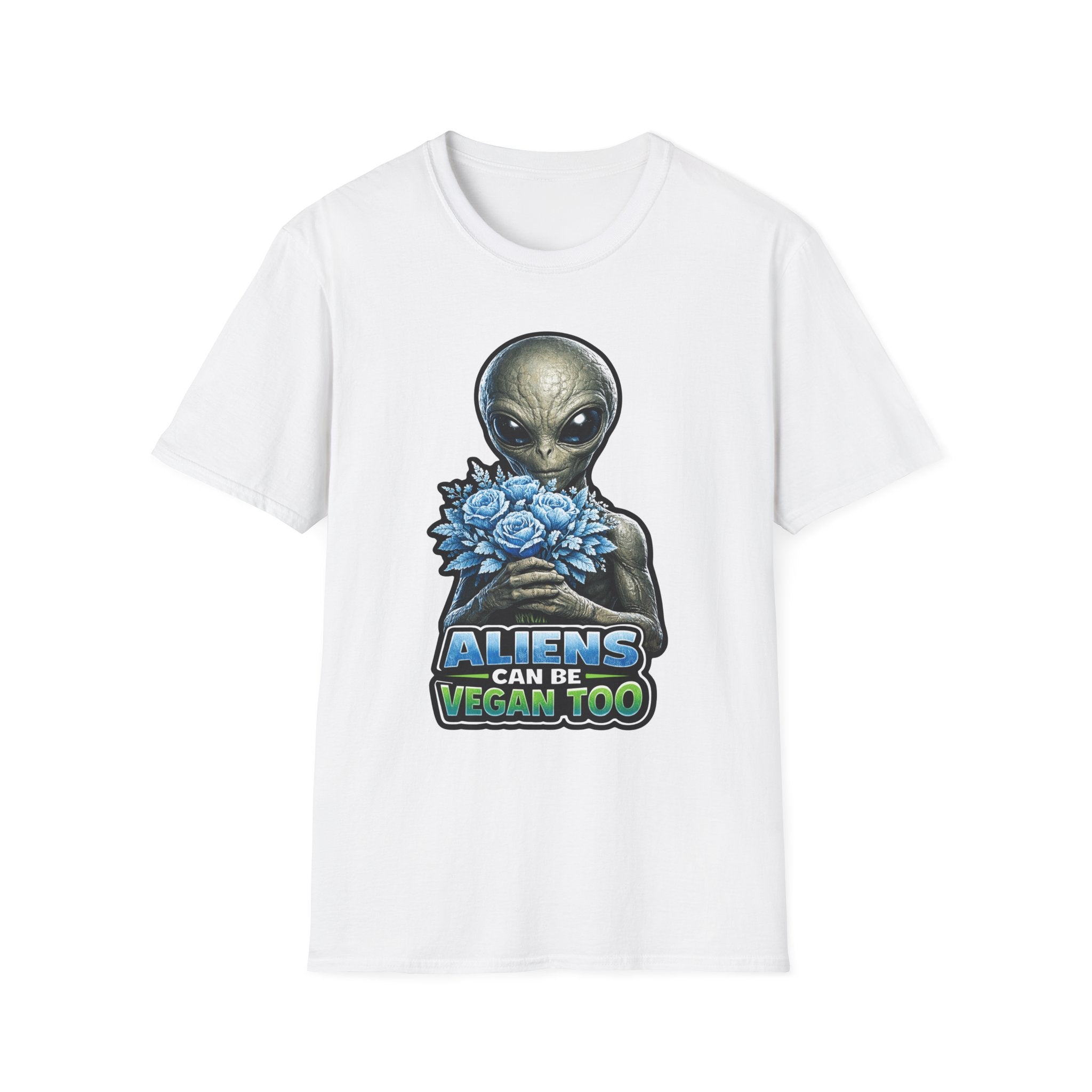 Aliens Can Be Vegan Too Funny Alien with Flowers T-Shirt | Cosmic Encounters Collection by PetPulse