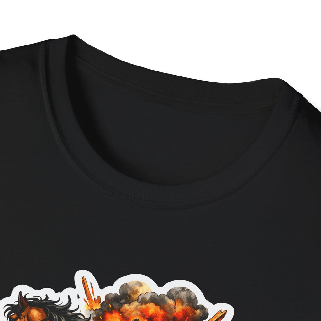 Hay Is For Closers Action Hero Horse T-Shirt | Exploding Barn Walk-Away Horse Graphic Tee | Mane Event Collection by PetPulse