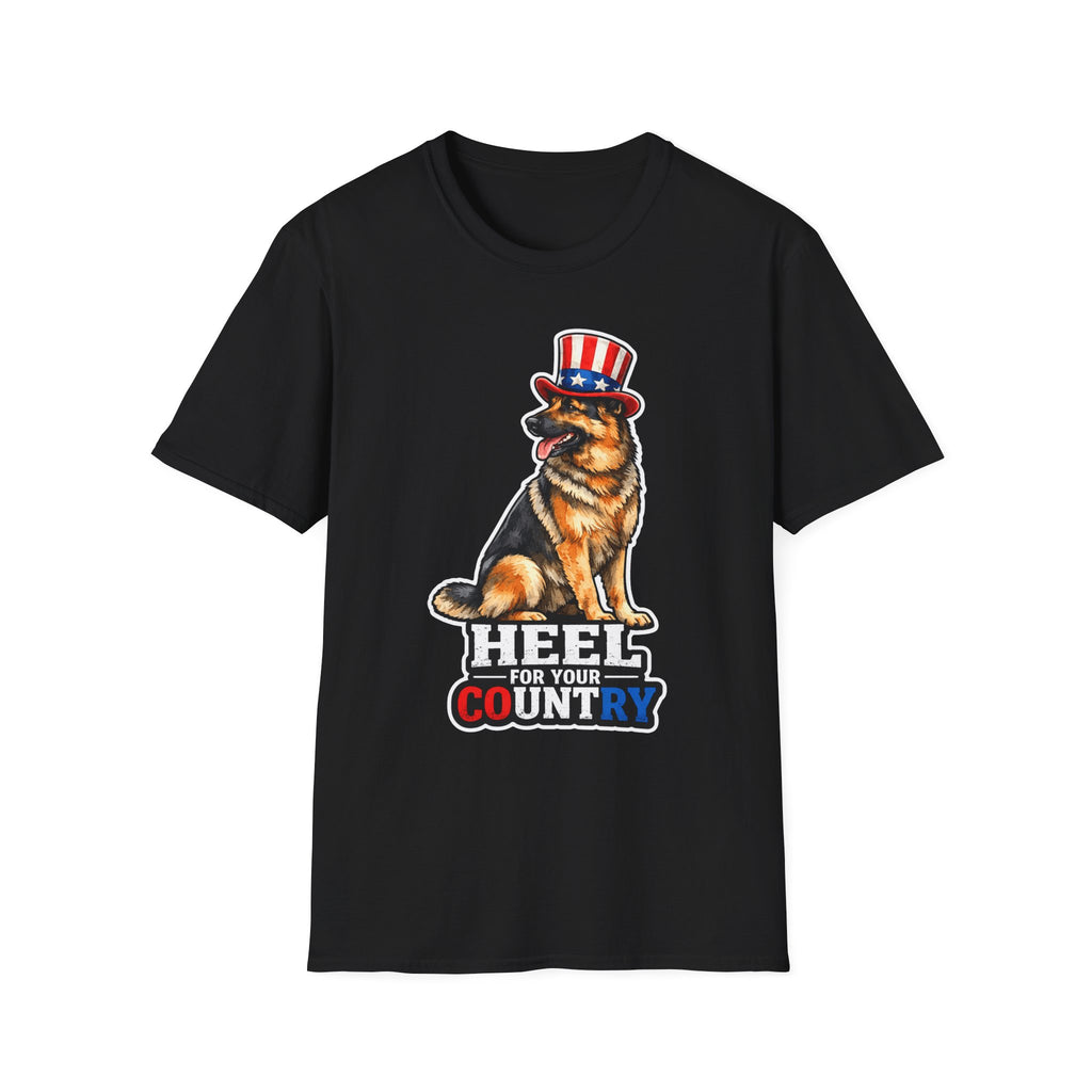 Heel For Your Country Funny Uncle Sam German Shepherd T-Shirt | Patriotic GSD Obedience Top Hat Graphic Tee | Uncle Sam Pups