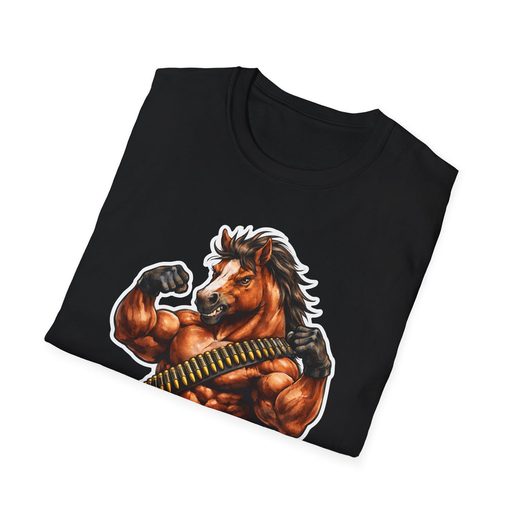 Pasture of Pain Action Hero Horse T-Shirt | Muscle-Bound Rambo Horse Graphic Tee | Mane Event Collection by PetPulse