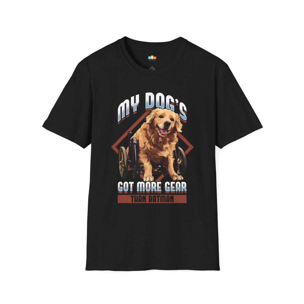 My Dog Got More Gear Than Batman T-Shirt - Wheelchair Dog Mobility Hero Pet Parent Funny Graphic Tee