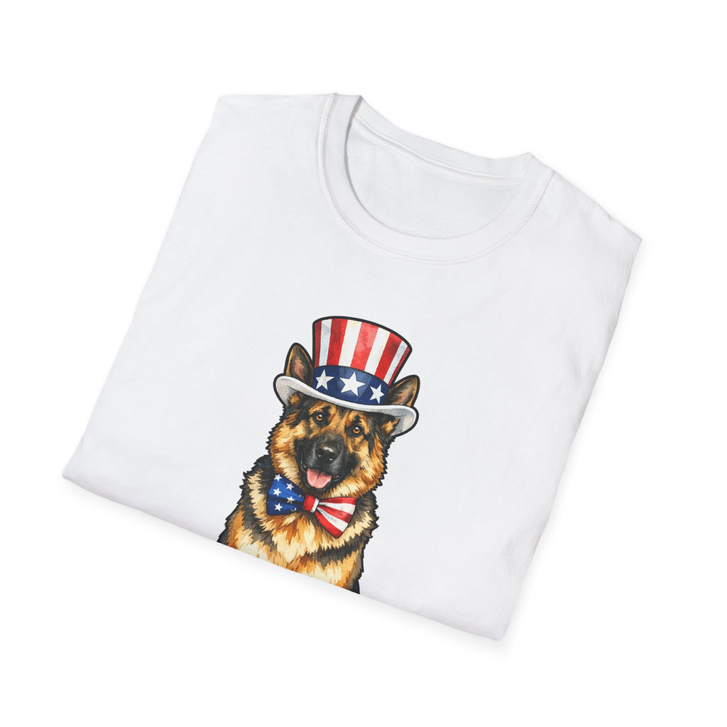 Loyalty and Liberty Patriotic German Shepherd T-Shirt | Uncle Sam GSD Top Hat and Bow Tie Graphic Tee | Uncle Sam Pups
