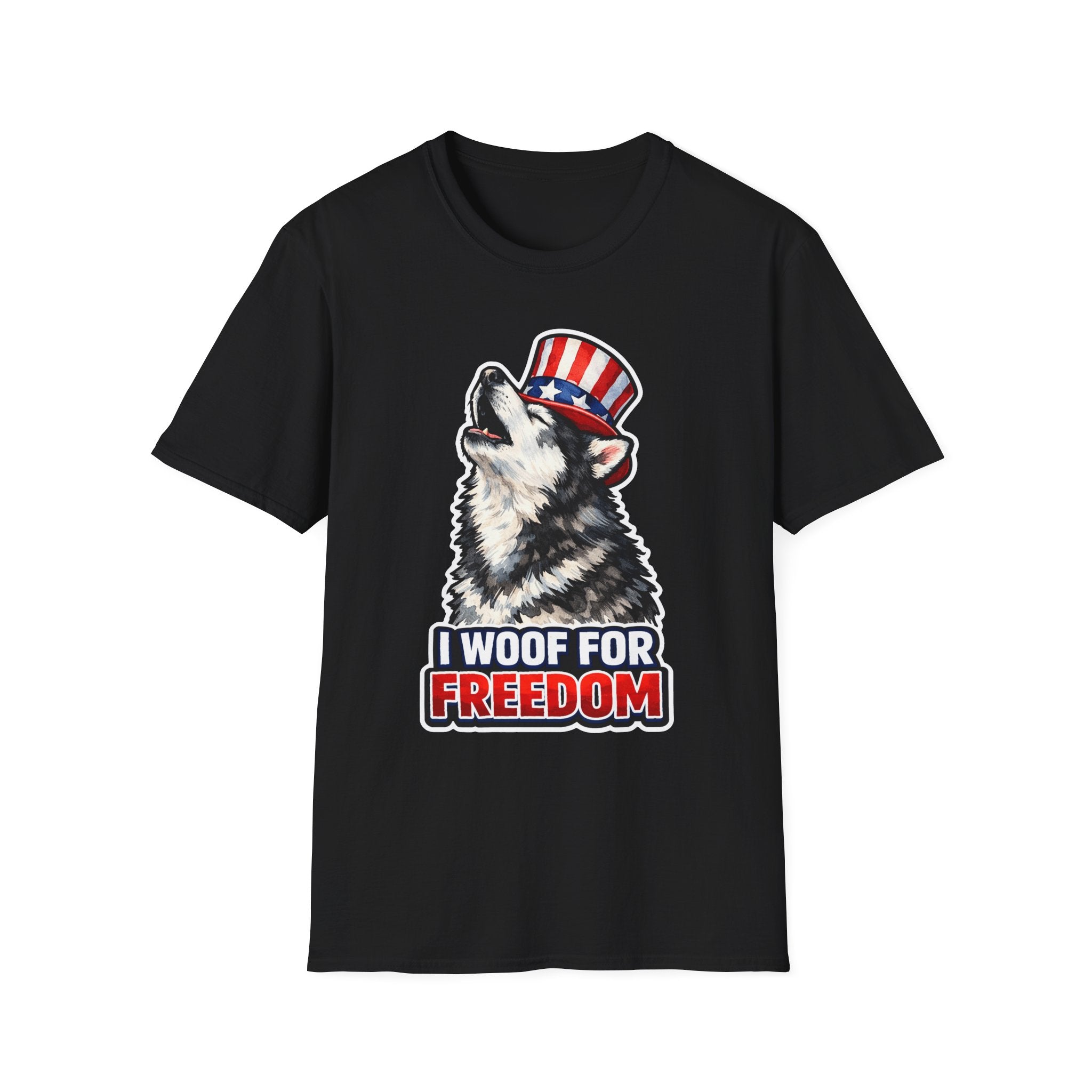 I Woof for Freedom Patriotic Howling Husky T-Shirt | Uncle Sam Siberian Husky Graphic Tee | Uncle Sam Pups
