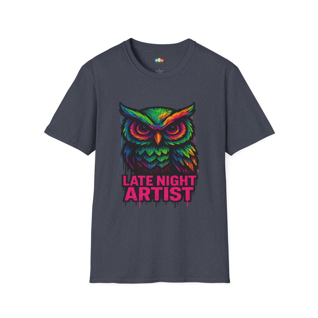 Late Night Artist Owl T-Shirt - Funny Rainbow Paint Splatter Creative Night Owl Graffiti Art Graphic Tee