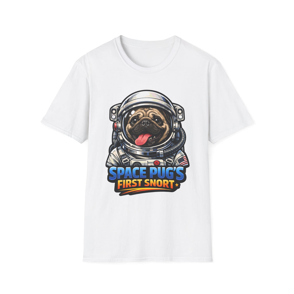 Space Pug’s First Snort Funny Astronaut Pug T-Shirt | Cosmic Encounters Collection by PetPulse
