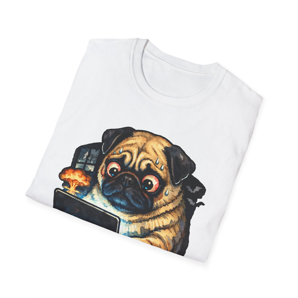 Dogs Disasters Doomscrolling Funny Pug Laptop T-Shirt | Tech Pack Collection by PetPulse