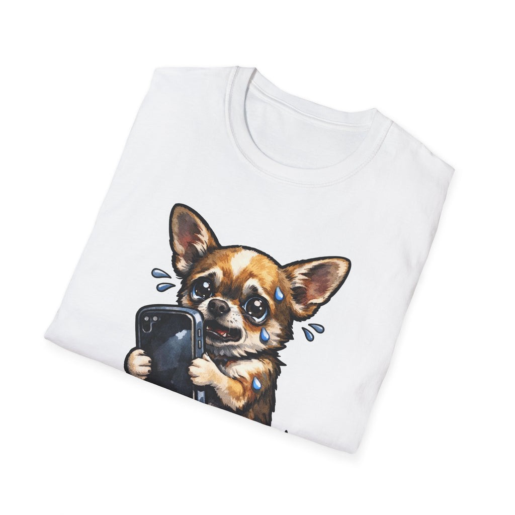 Dogs Doomscroll Too Funny Anxious Chihuahua T-Shirt | Tech Pack Collection by PetPulse
