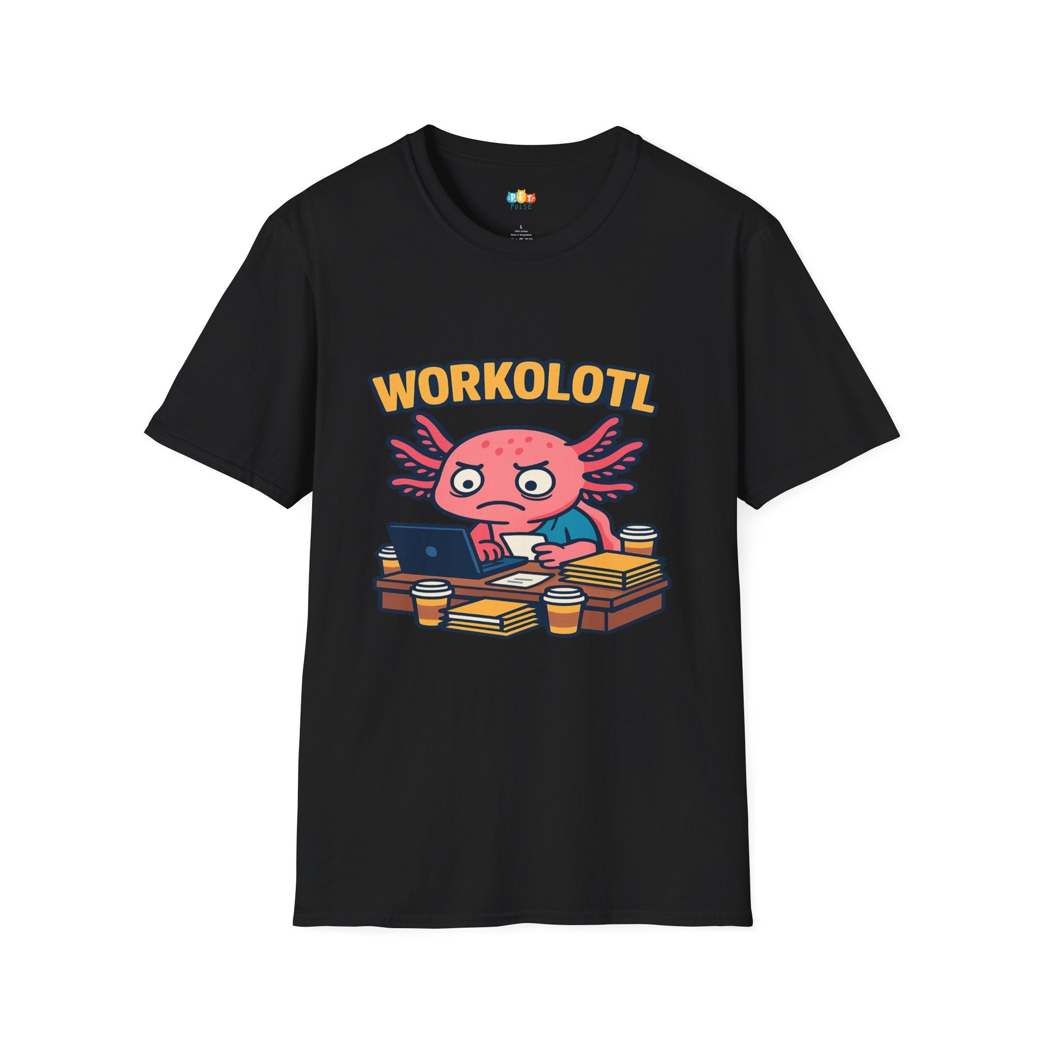 Workolotl Tired Axolotl Office Worker T-Shirt - Funny Animal Pun Work Life Coffee Stress Employee Tee