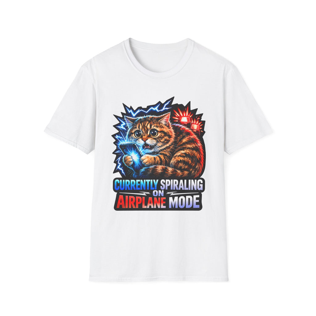 Currently Spiraling On Airplane Mode Funny Anxious Cat T-Shirt | Tech Pack Collection by PetPulse