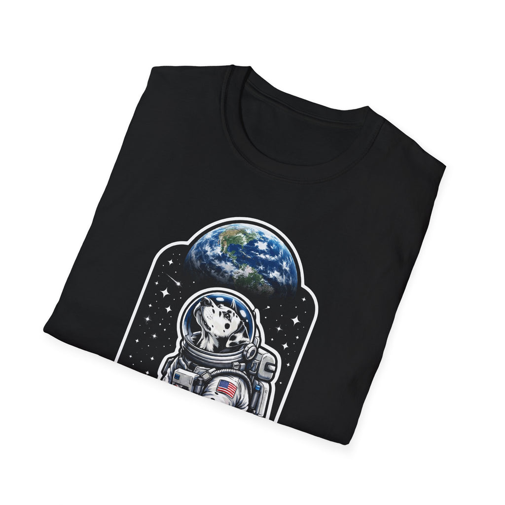 Dalmoontian Funny Dalmatian on the Moon T-Shirt | Cosmic Encounters Collection by PetPulse