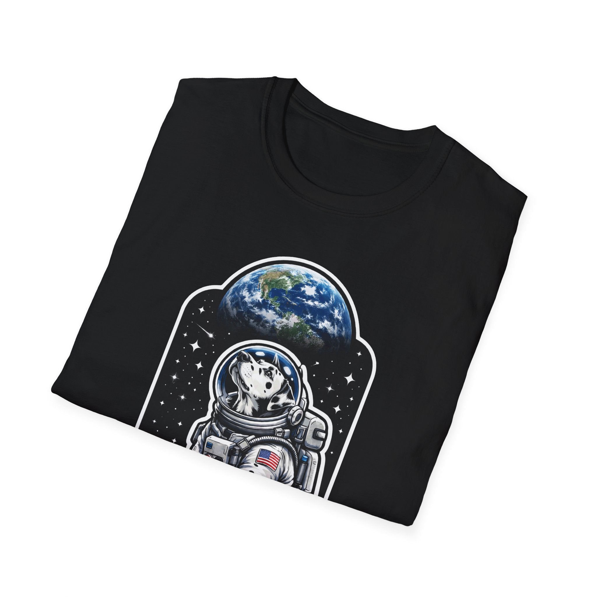 Dalmoontian Funny Dalmatian on the Moon T-Shirt | Cosmic Encounters Collection by PetPulse