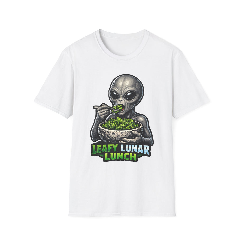 Leafy Lunar Lunch Funny Alien Eating Kale from Moon Bowl T-Shirt | Cosmic Encounters Collection by PetPulse