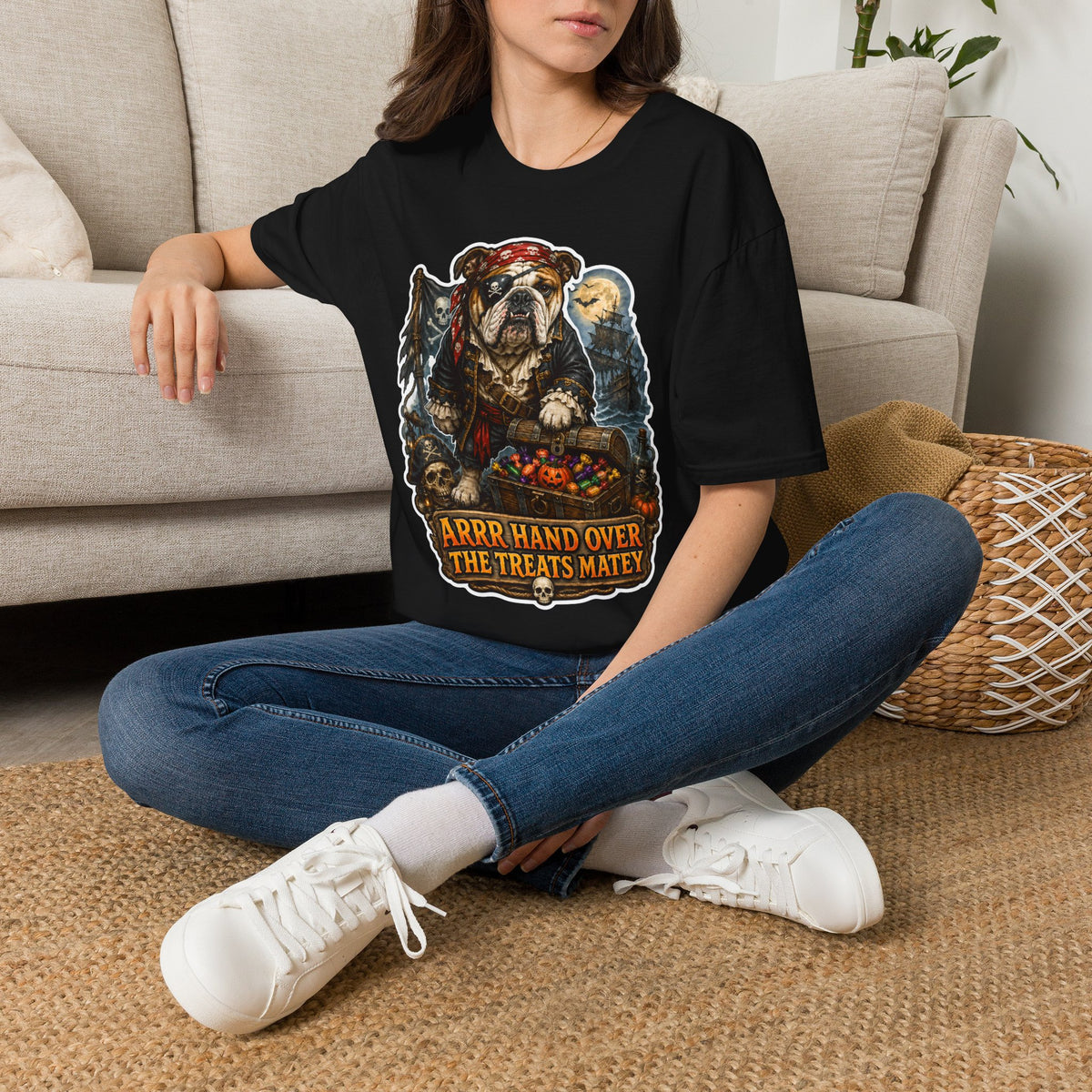 Arrr Hand Over the Treats Matey Pirate Bulldog T-Shirt | Halloween Pet T-Shirts Collection by PetPulse