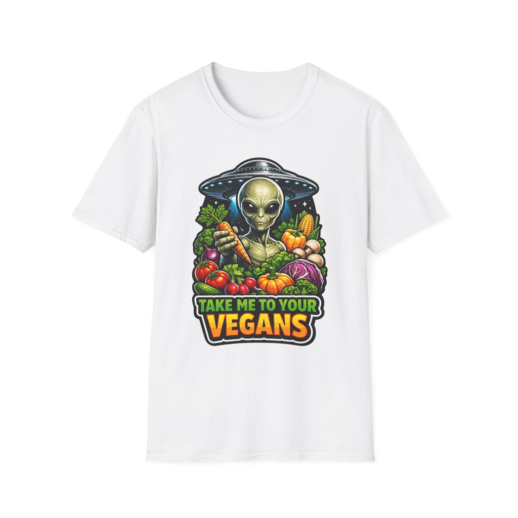 Take Me to Your Vegans Funny Alien with Vegetables T-Shirt | Cosmic Encounters Collection by PetPulse