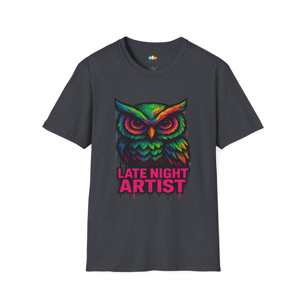 Late Night Artist Owl T-Shirt - Funny Rainbow Paint Splatter Creative Night Owl Graffiti Art Graphic Tee