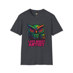 Late Night Artist Owl T-Shirt - Funny Rainbow Paint Splatter Creative Night Owl Graffiti Art Graphic Tee
