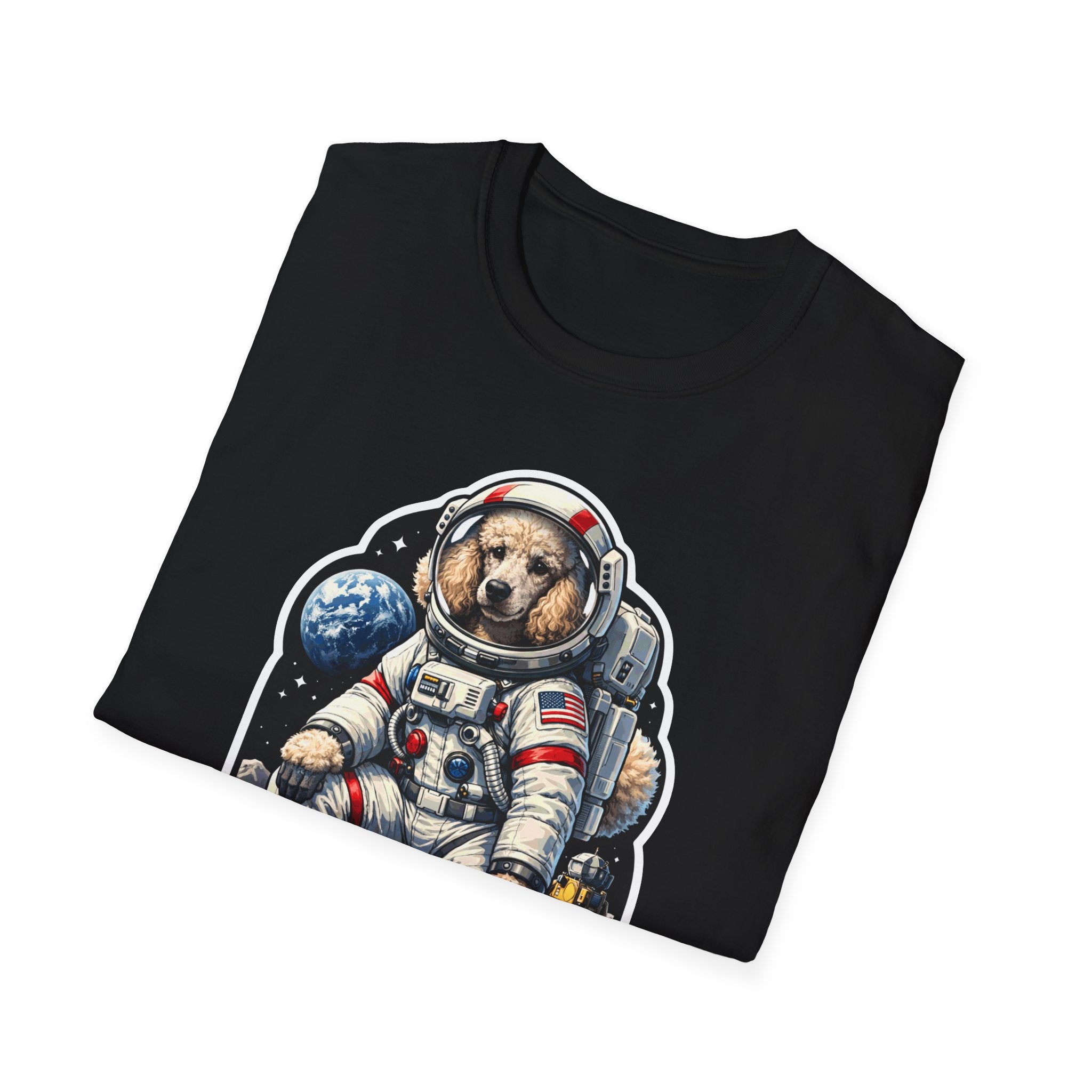 First Poodle on the Moon Funny Astronaut Standard Poodle T-Shirt | Cosmic Encounters Collection by PetPulse