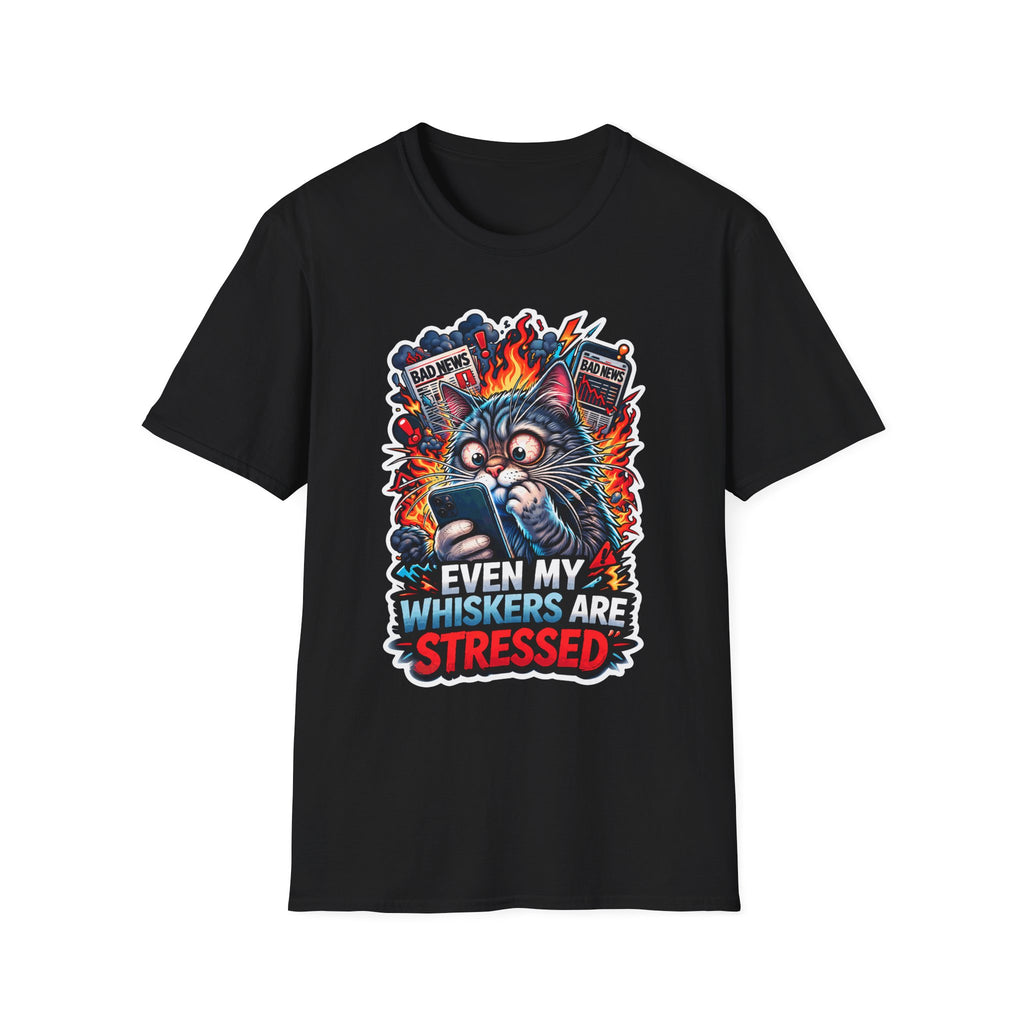 Even My Whiskers Are Stressed Funny News Overload Cat T-Shirt | Tech Pack Collection by PetPulse