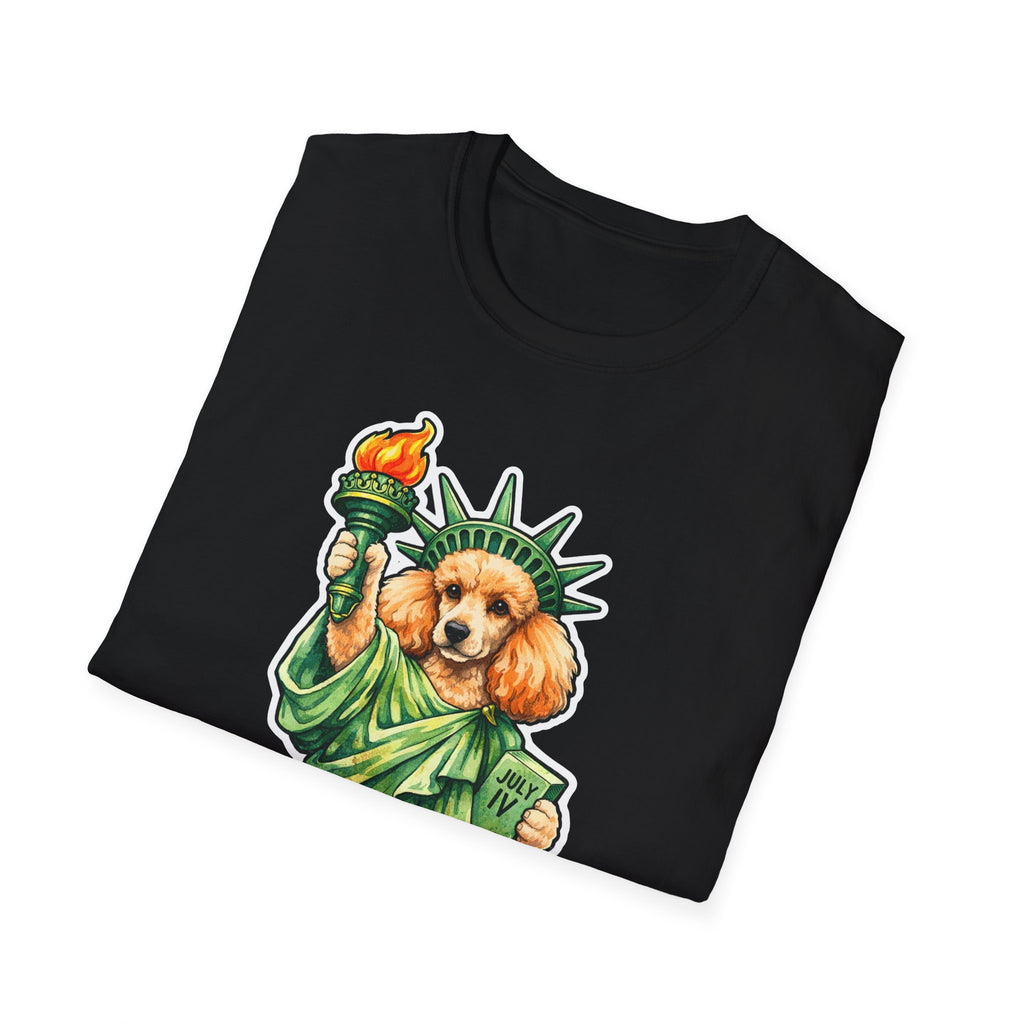 Paws for Patriotism Funny Apricot Poodle Statue of Liberty T-Shirt | Lady Liberty Pups Collection by PetPulse