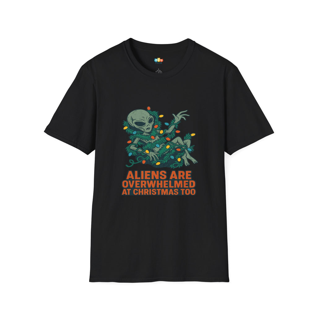 Aliens Are Overwhelmed At Christmas Too T-Shirt - Funny Holiday Stress Alien Tangled Christmas Lights UFO Tee