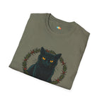 Feline Festive Christmas T-Shirt - Black Cat Holiday Wreath Vintage Christmas Spirit Xmas Tee