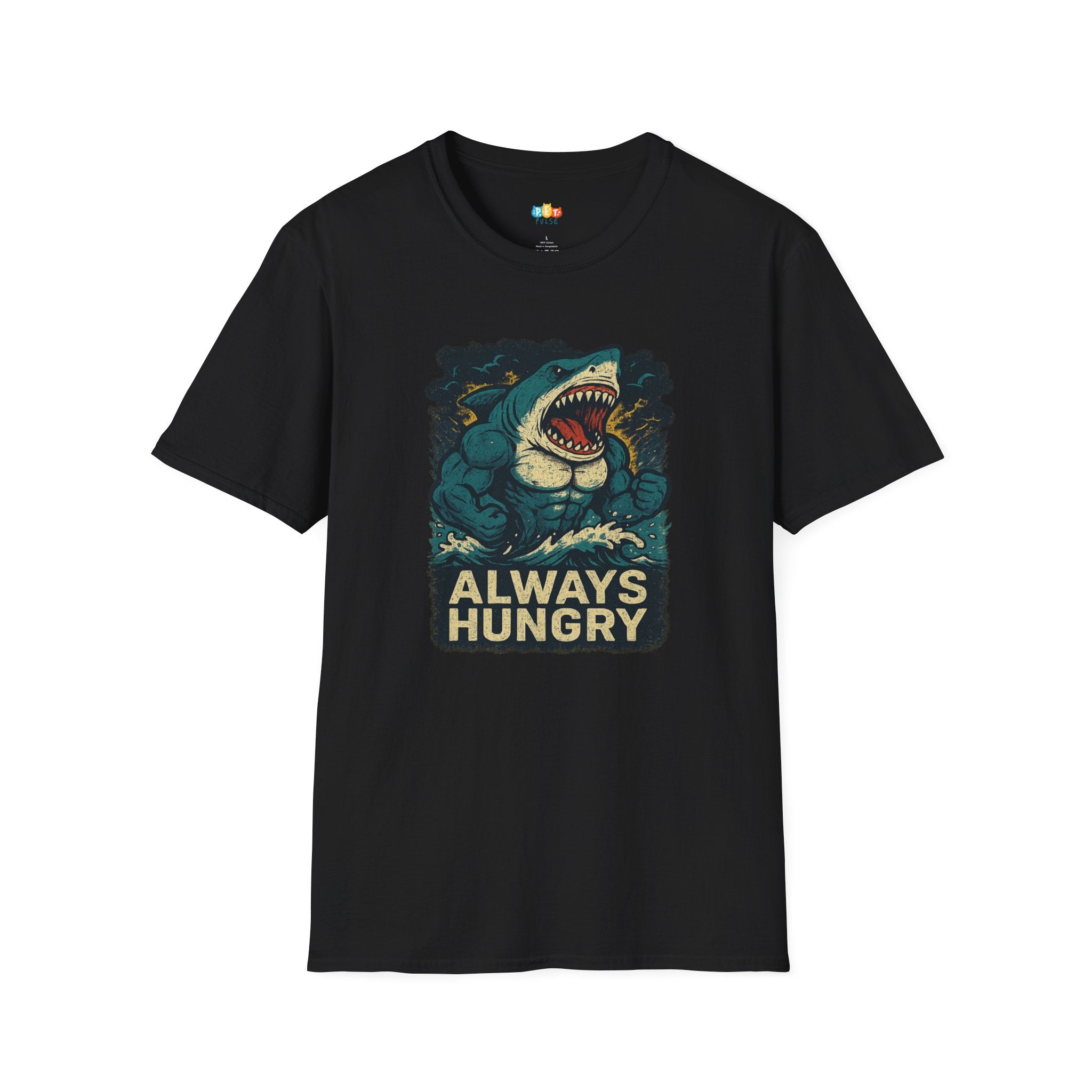 "Always Hungry" Vintage Muscle Shark T-Shirt - Retro Flexing Beast Mode Tee