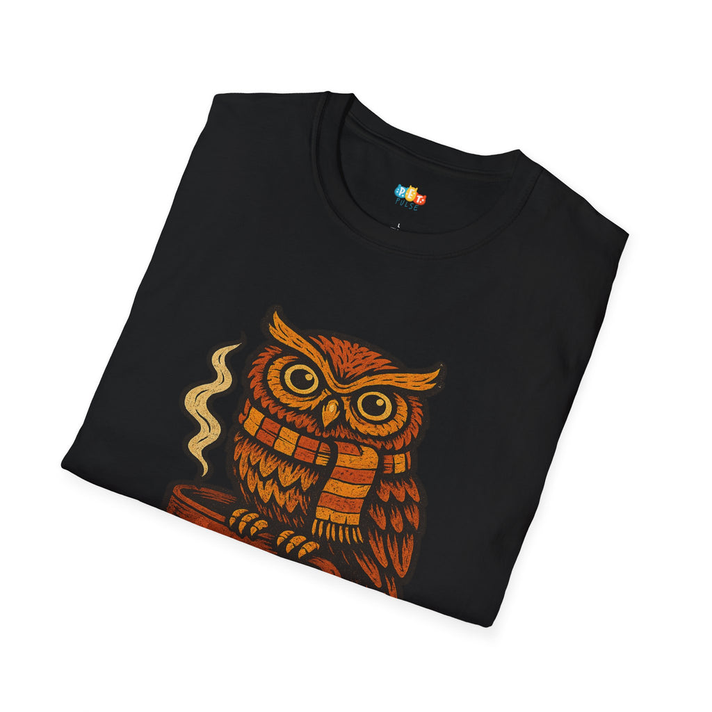 Autumn Perch Owl Coffee T-Shirt - Funny Fall Cozy Seasonal Bird Lover Caffeine Addict Woodland Graphic Tee