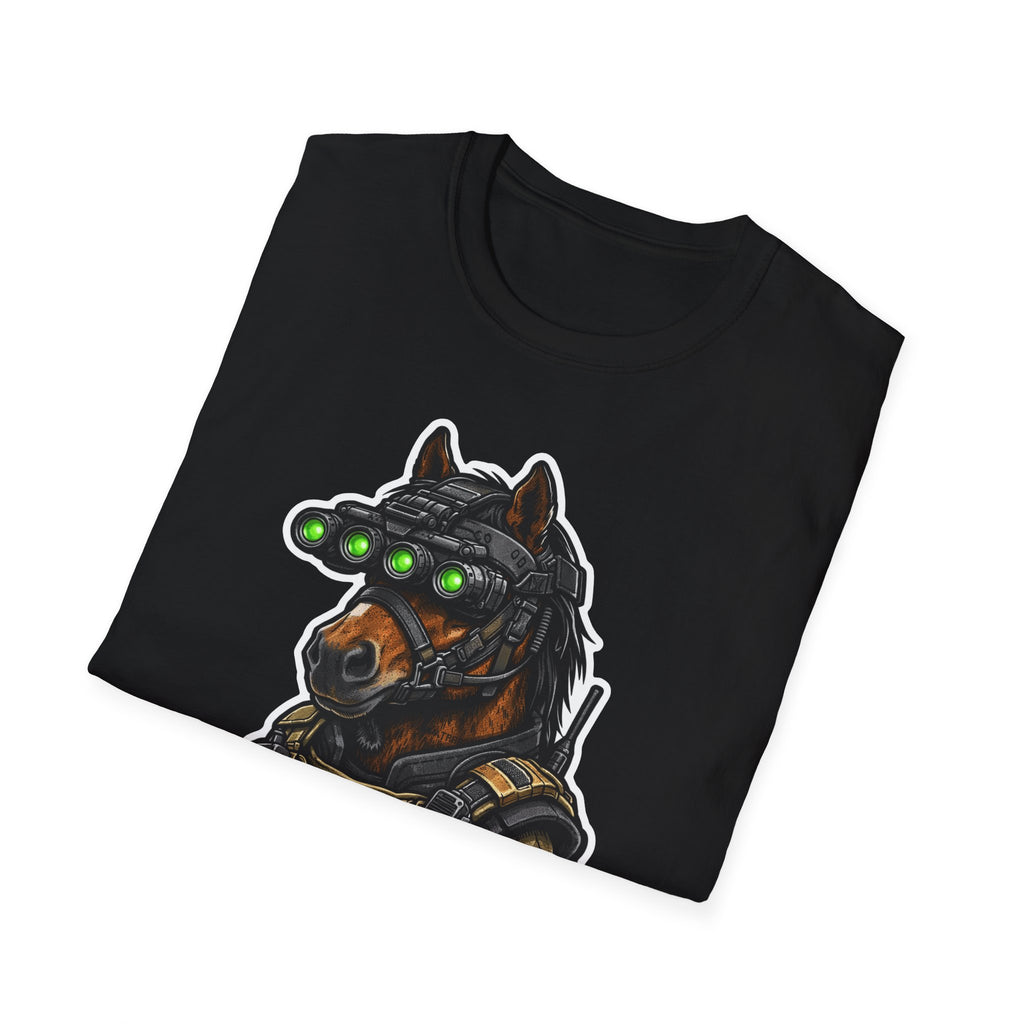 Tactical Foal-ow Up Action Hero Horse T-Shirt | Night Vision Special Ops Horse Graphic Tee | Mane Event Collection by PetPulse