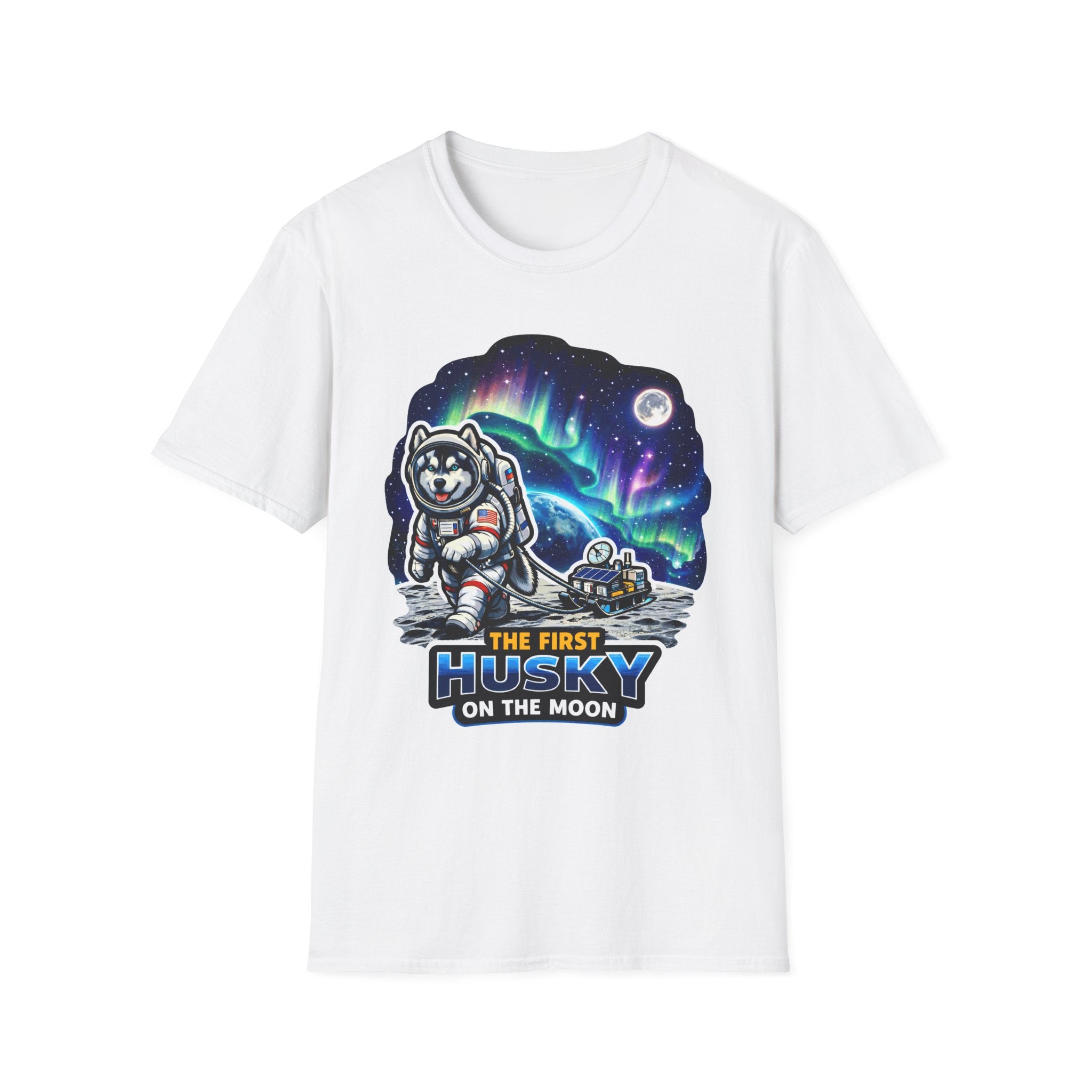 The First Husky on the Moon Funny Astronaut Siberian Husky T-Shirt | Cosmic Encounters Collection by PetPulse