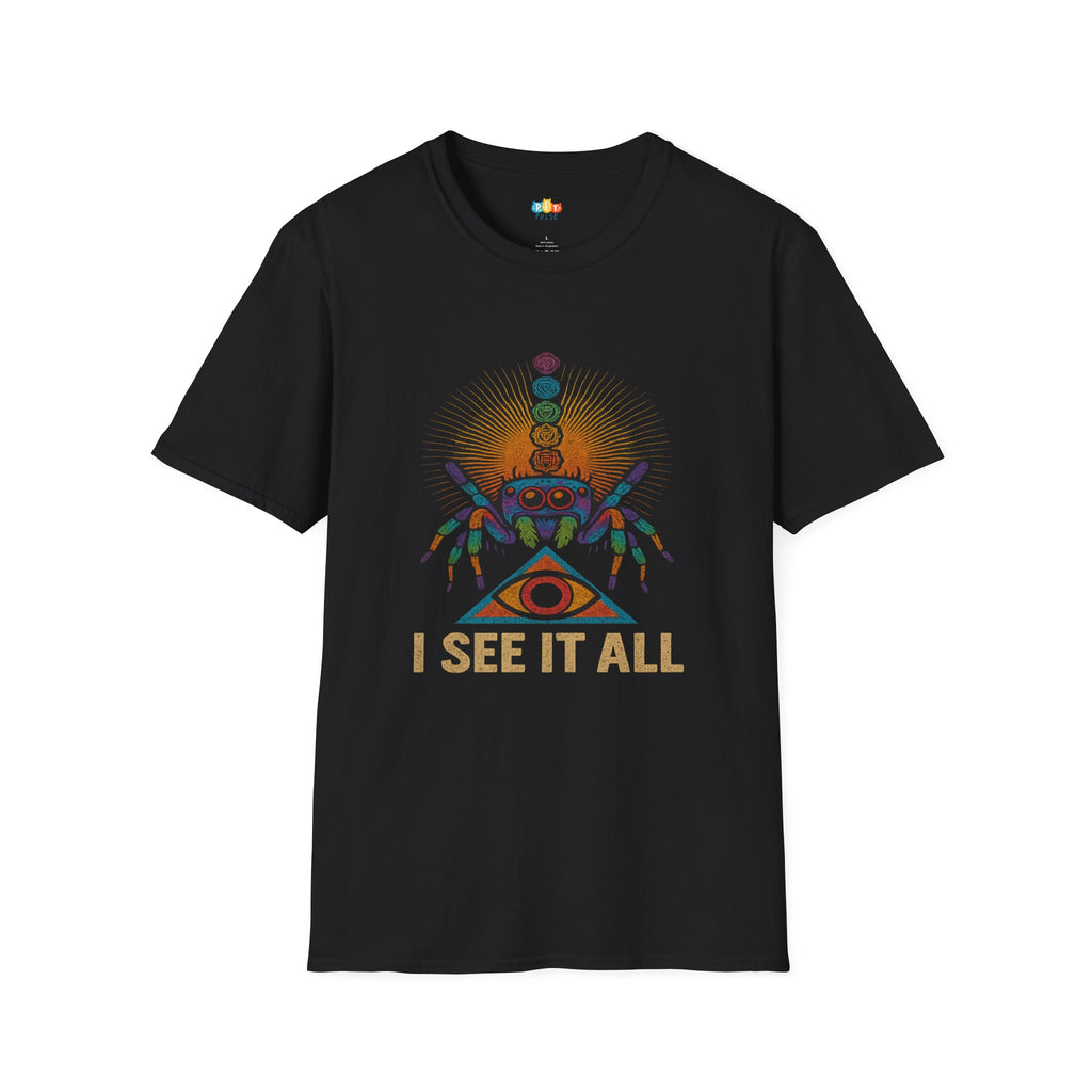 I See It All Jumping Spider T-Shirt - Funny Mystical Arachnid Third Eye Chakra Pet Owner Gift Tee