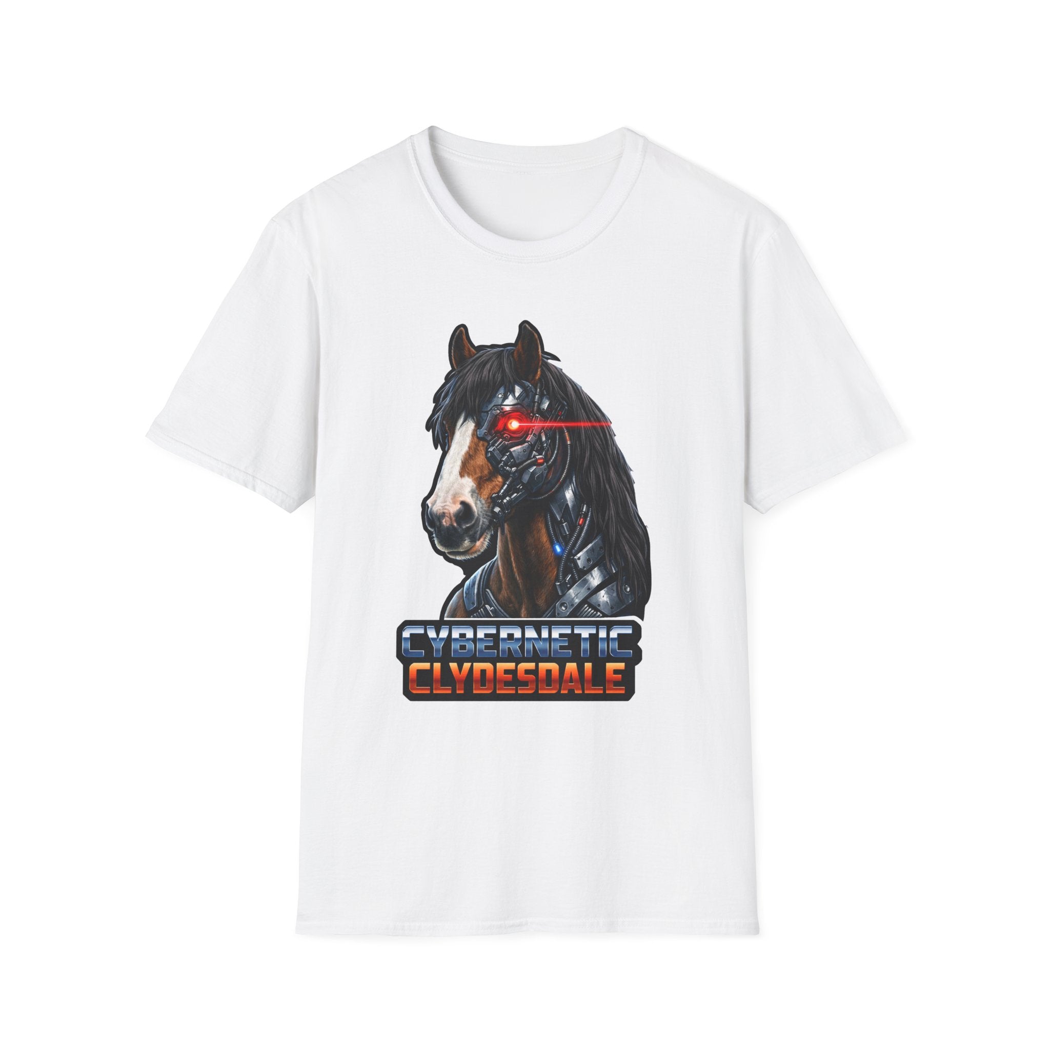 Cybernetic Clydesdale Action Hero Horse T-Shirt | Sci-Fi Cyborg Draft Horse Graphic Tee | Mane Event Collection by PetPulse