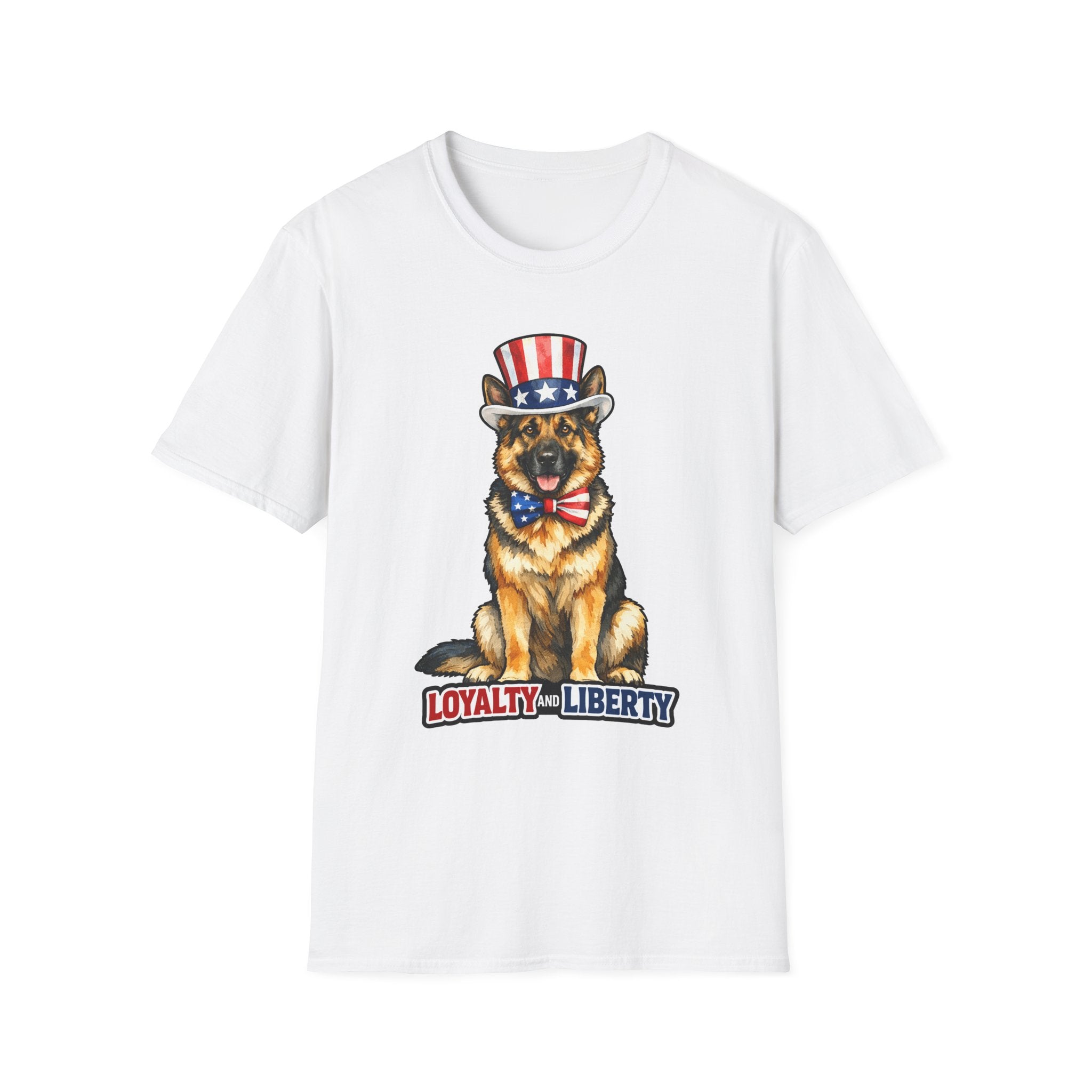 Loyalty and Liberty Patriotic German Shepherd T-Shirt | Uncle Sam GSD Top Hat and Bow Tie Graphic Tee | Uncle Sam Pups
