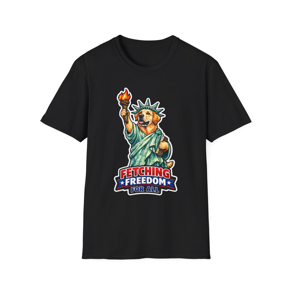 Fetching Freedom For All Funny Labrador Retriever Statue of Liberty T-Shirt | Lady Liberty Pups Collection by PetPulse