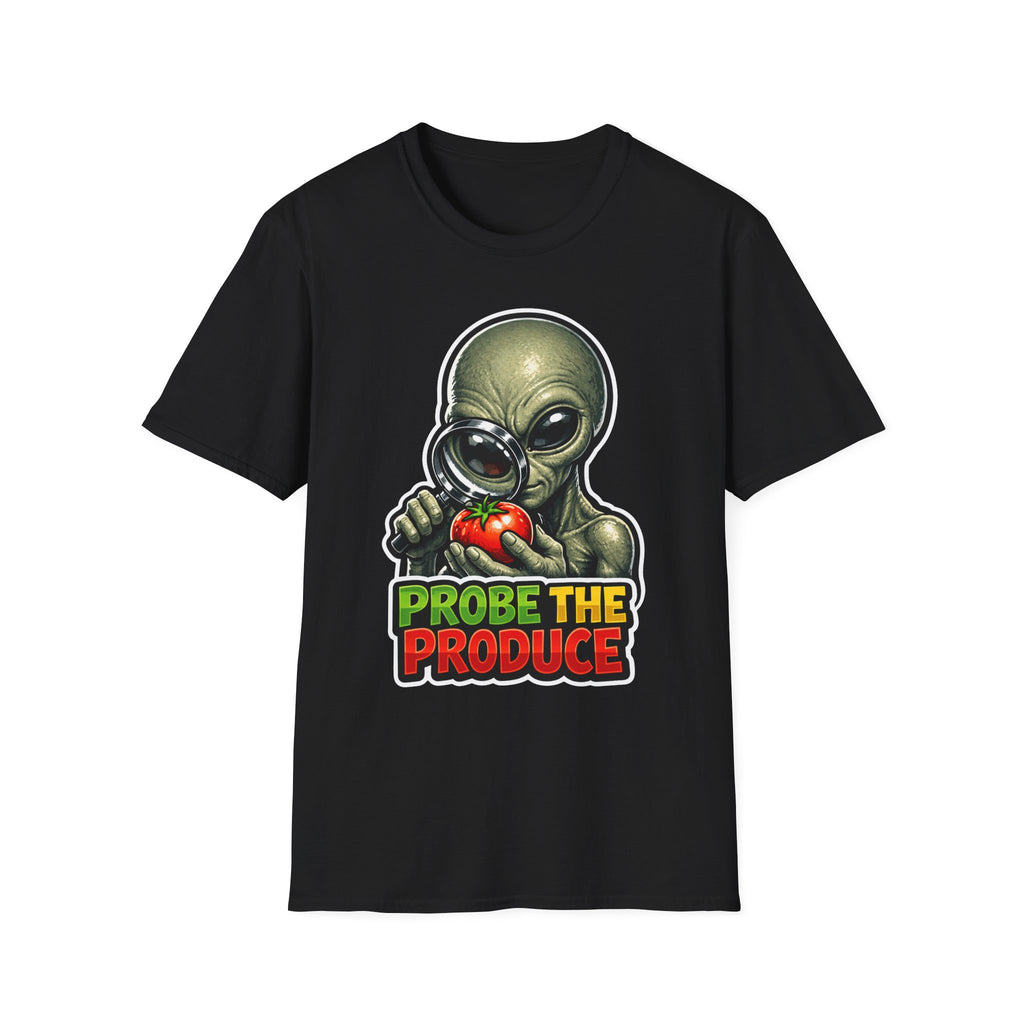 Probe the Produce Funny Alien Inspecting Tomato T-Shirt | Cosmic Encounters Collection by PetPulse
