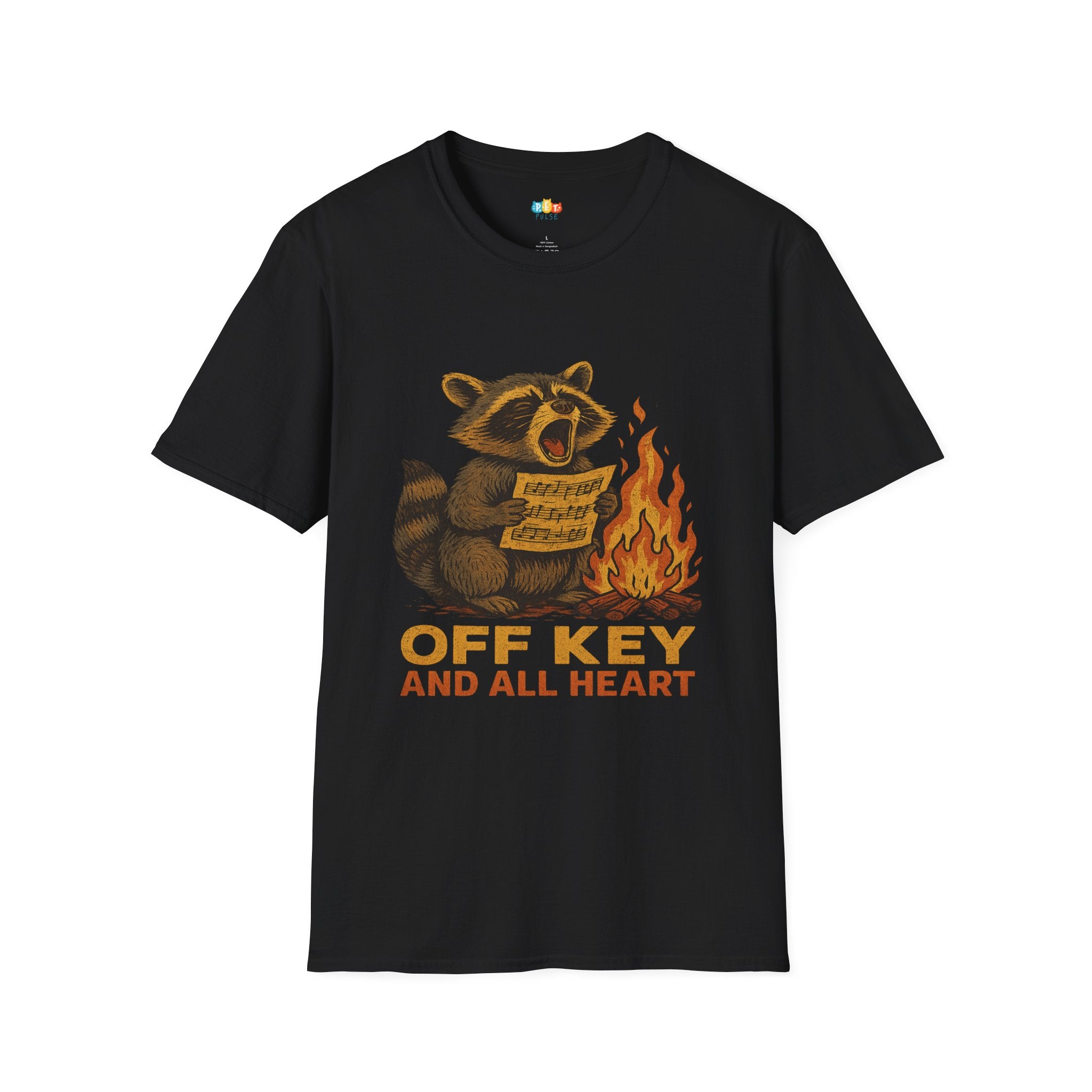 Off Key And All Heart Christmas T-Shirt - Funny Vintage Woodland Raccoon Caroler Holiday Music Campfire Xmas Tee