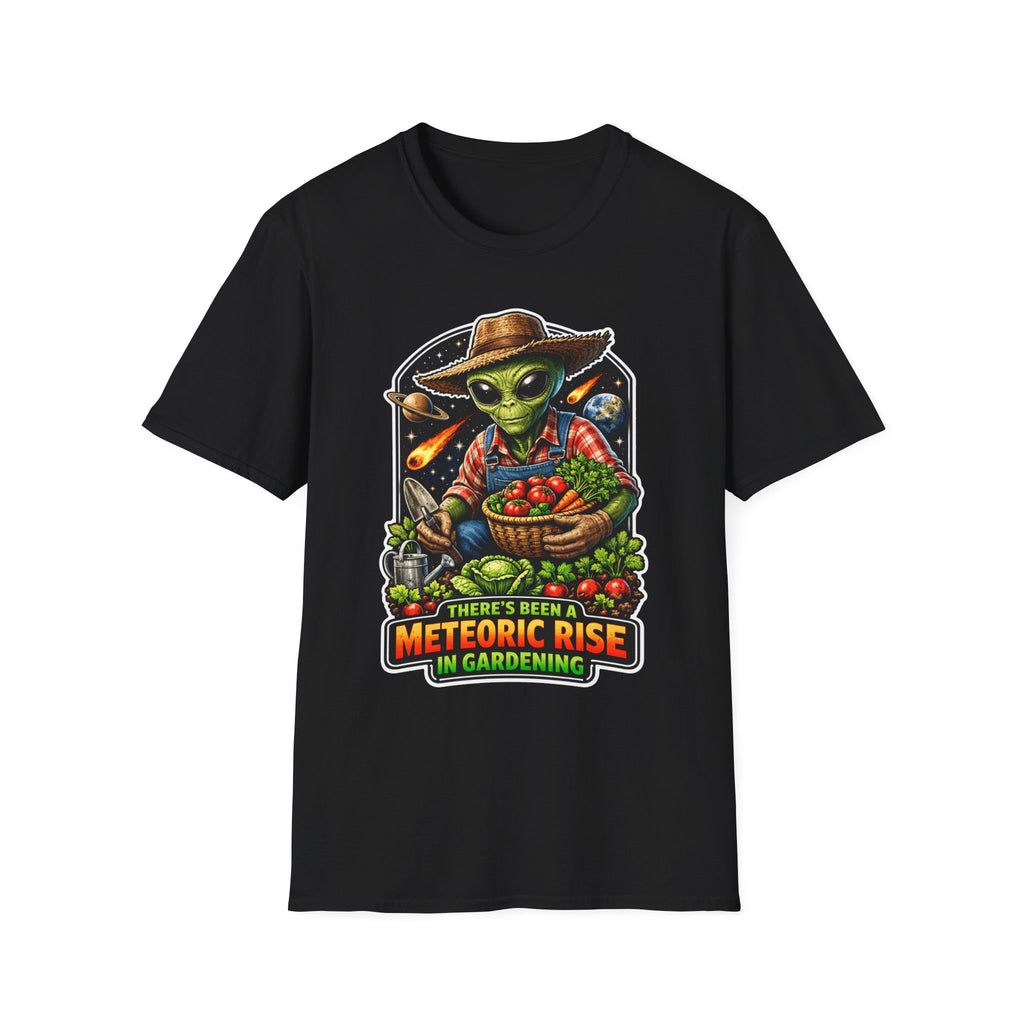 There's Been a Meteoric Rise in Gardening Funny Alien Farmer T-Shirt | Cosmic Encounters Collection by PetPulse