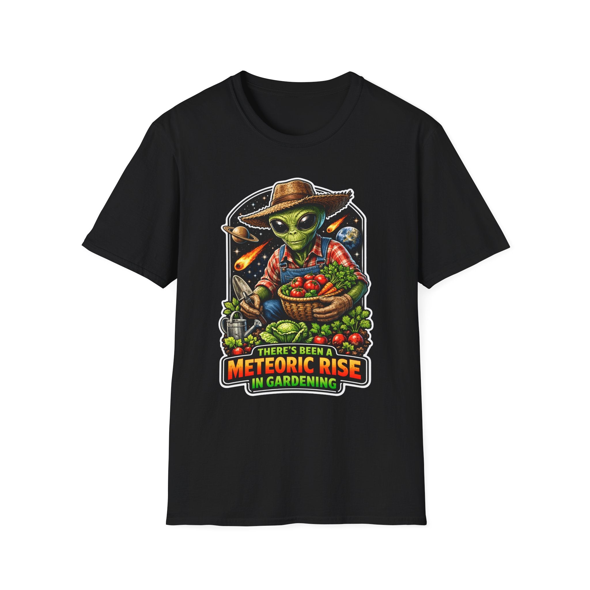 There's Been a Meteoric Rise in Gardening Funny Alien Farmer T-Shirt | Cosmic Encounters Collection by PetPulse