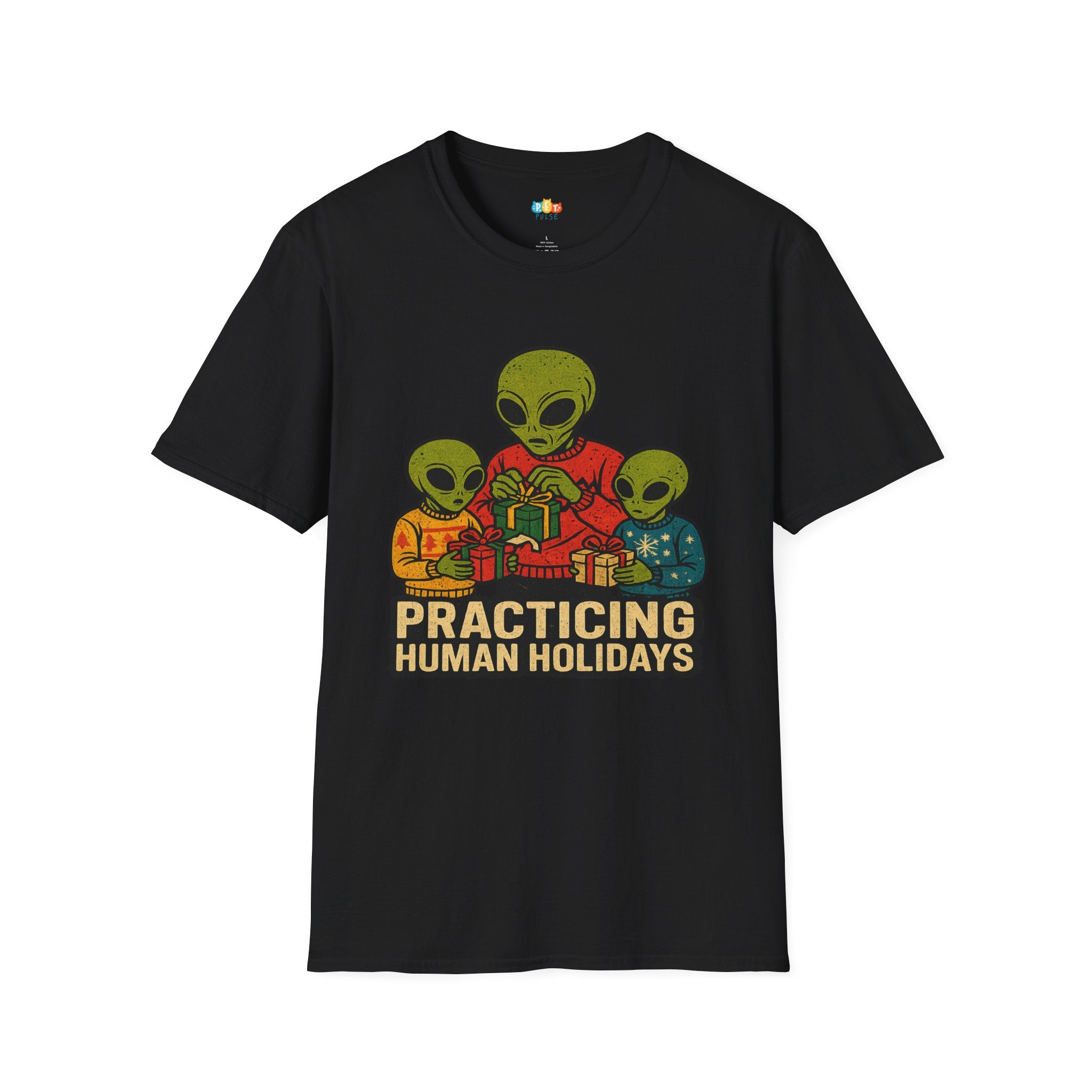 Practicing Human Holidays Alien Christmas T-Shirt - Funny UFO Gift Exchange Space Holiday Learning Tee