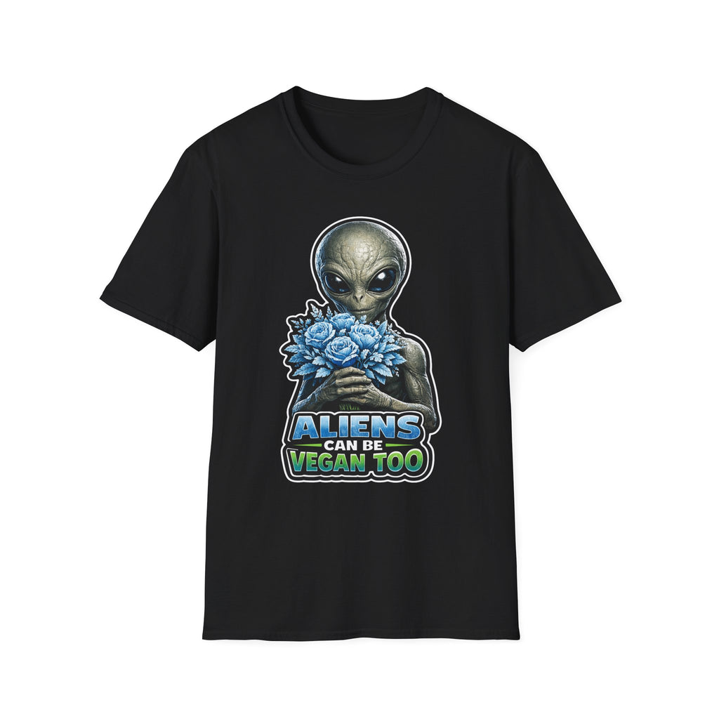 Aliens Can Be Vegan Too Funny Alien with Flowers T-Shirt | Cosmic Encounters Collection by PetPulse