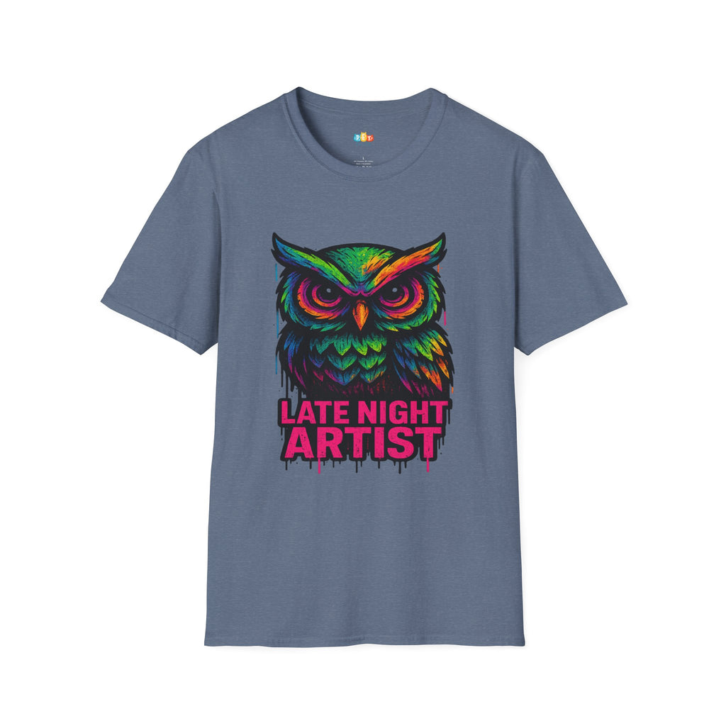 Late Night Artist Owl T-Shirt - Funny Rainbow Paint Splatter Creative Night Owl Graffiti Art Graphic Tee