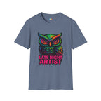 Late Night Artist Owl T-Shirt - Funny Rainbow Paint Splatter Creative Night Owl Graffiti Art Graphic Tee