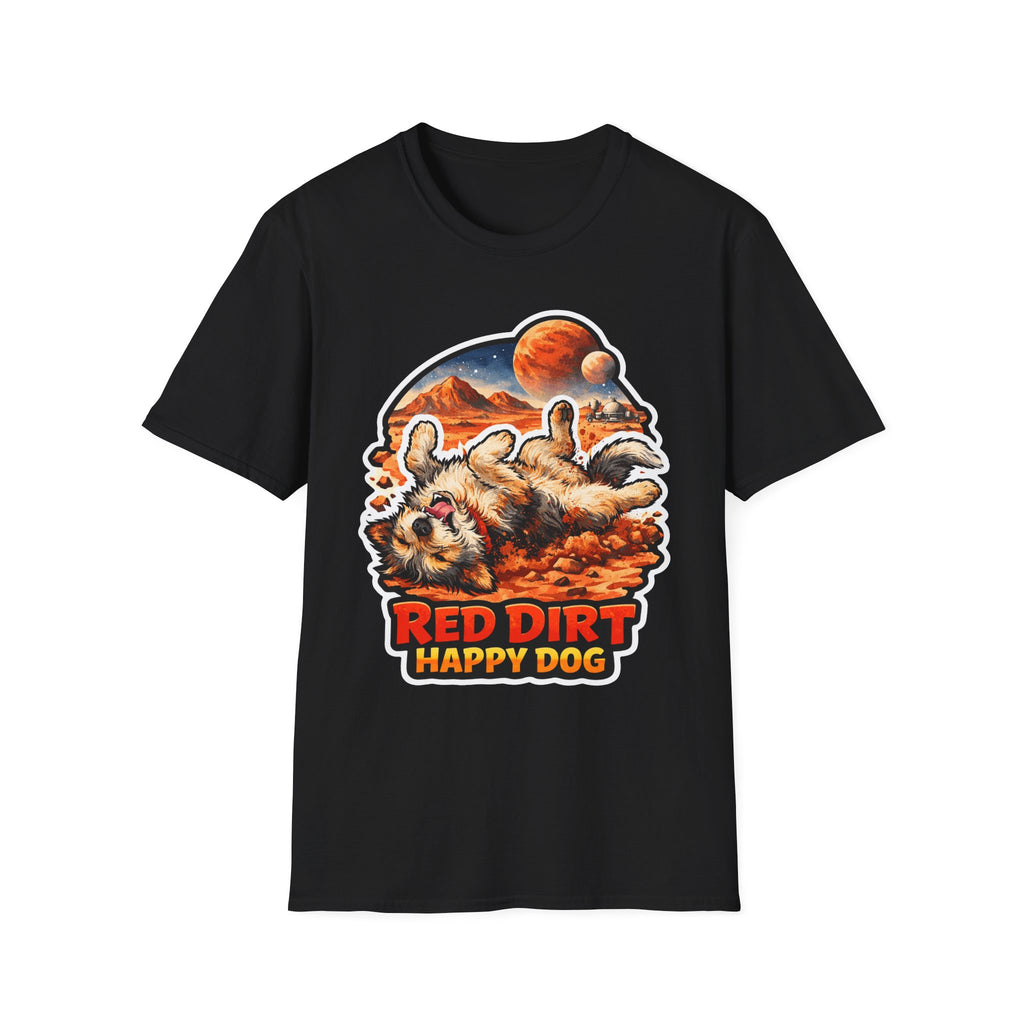 Red Dirt Happy Dog Funny Dog Rolling in Mars Dirt T-Shirt | Cosmic Encounters Collection by PetPulse