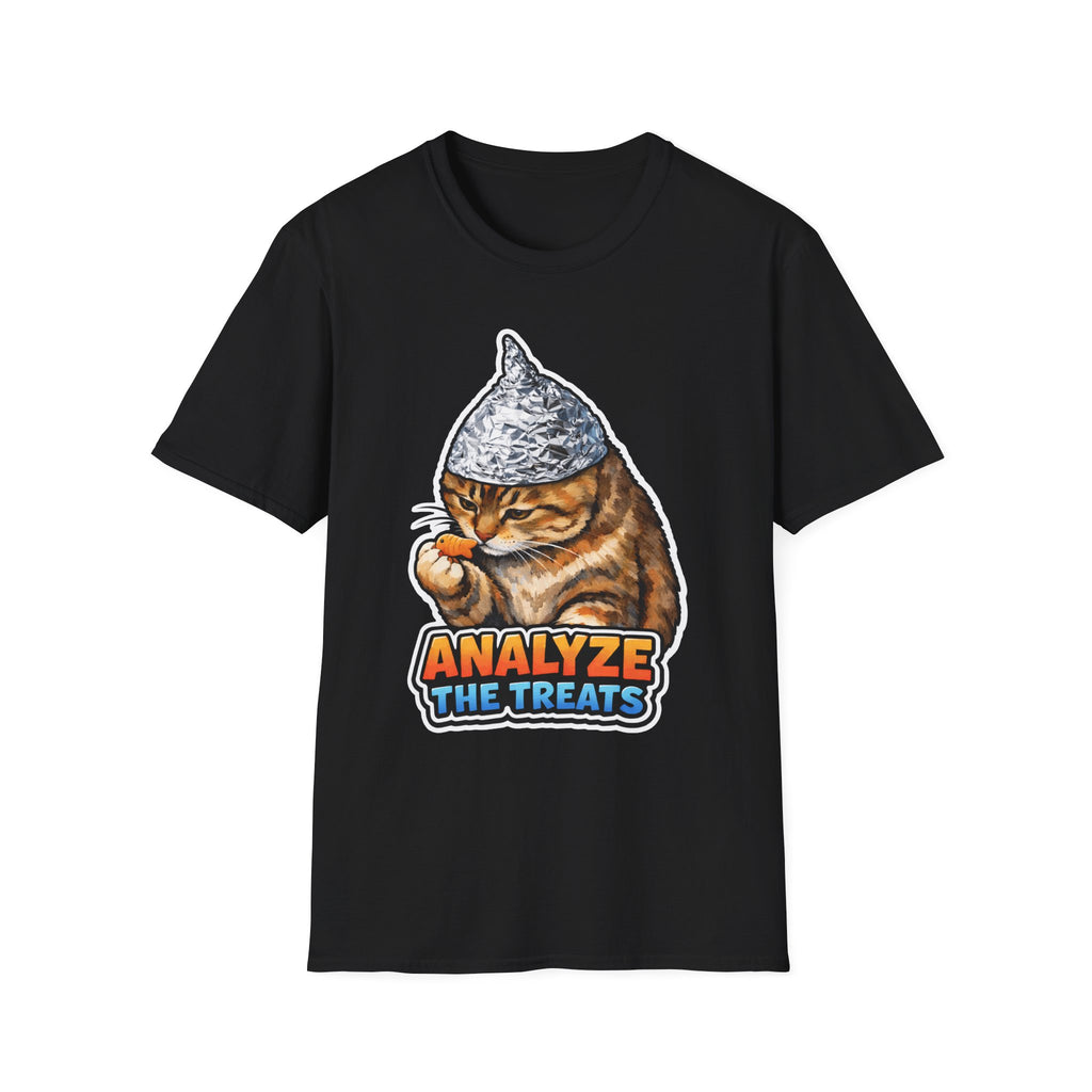 Analyze the Treats Funny Conspiracy Cat Inspecting Treats T-Shirt | Cat-Spiracy Theorist Series | Pet-Spiracy Theorist Collection by PetPulse