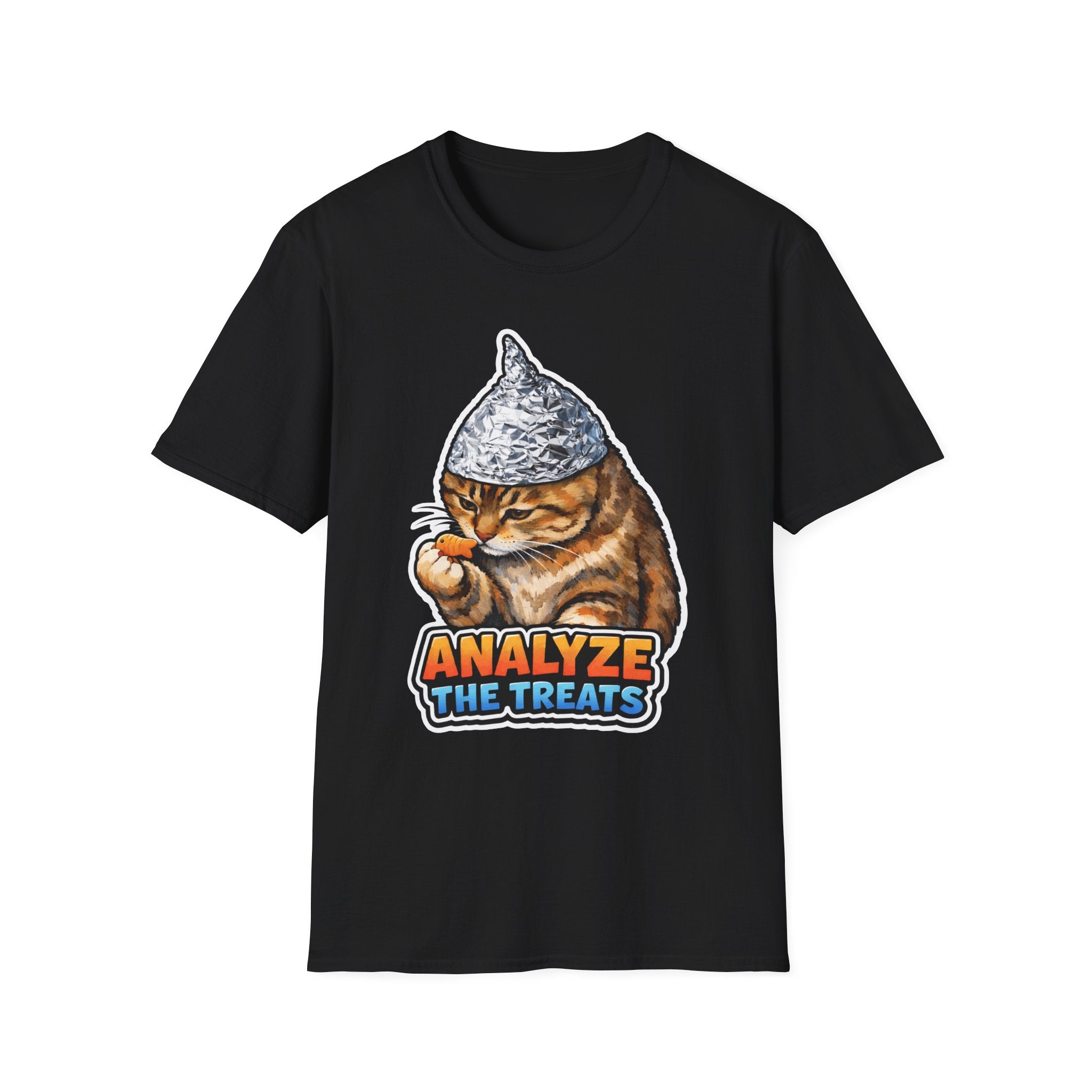 Analyze the Treats Funny Conspiracy Cat Inspecting Treats T-Shirt | Cat-Spiracy Theorist Series | Pet-Spiracy Theorist Collection by PetPulse
