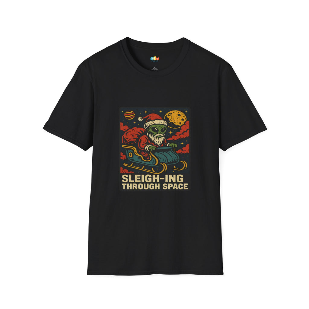 Sleigh-ing Through Space Alien Santa Christmas T-Shirt - Funny UFO Holiday Galactic Sleigh Ride Space Tee