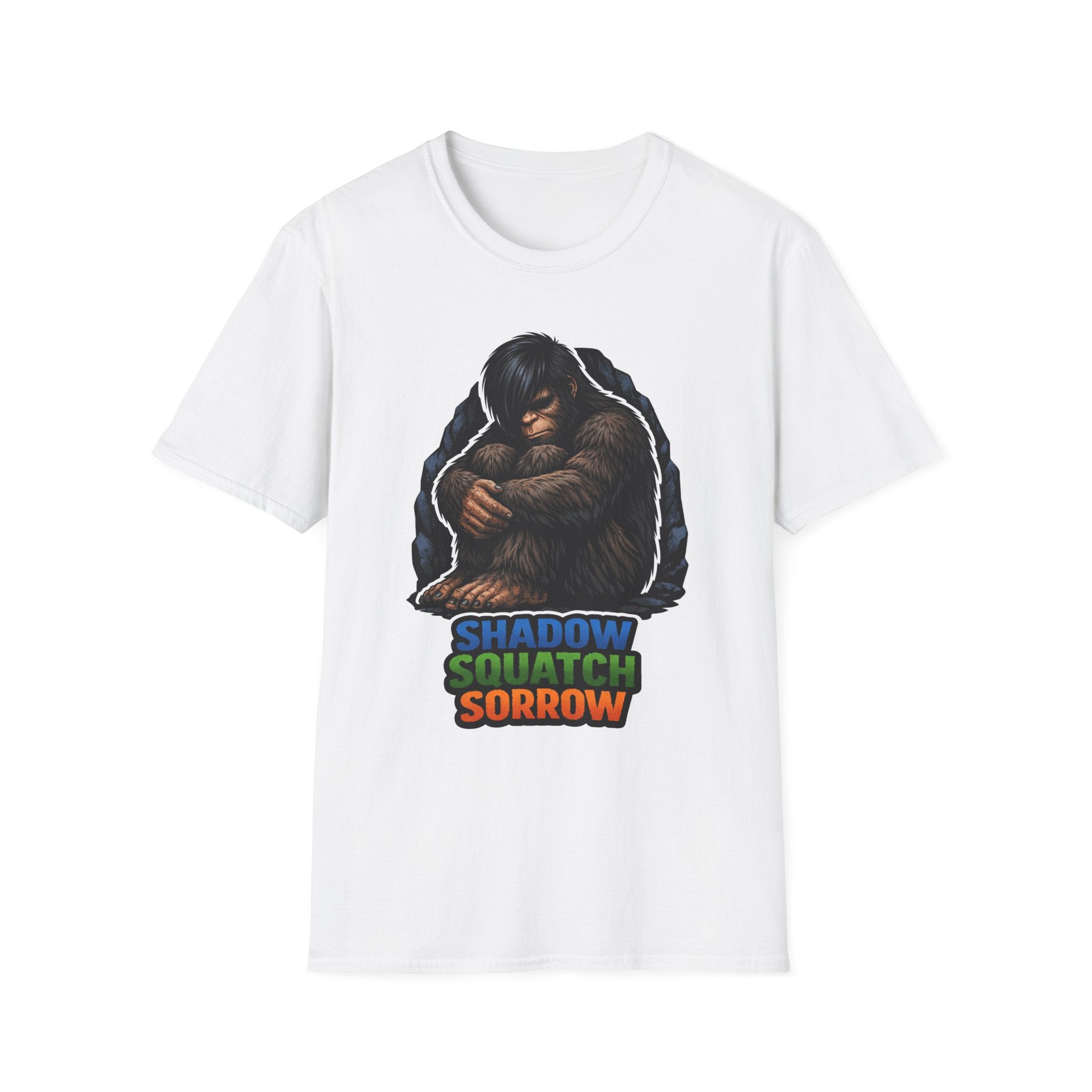 Shadow Squatch Sorrow Emo Bigfoot T-Shirt - Self-Hug Sasquatch Cave Tee for Dark Humor Cryptid Fans