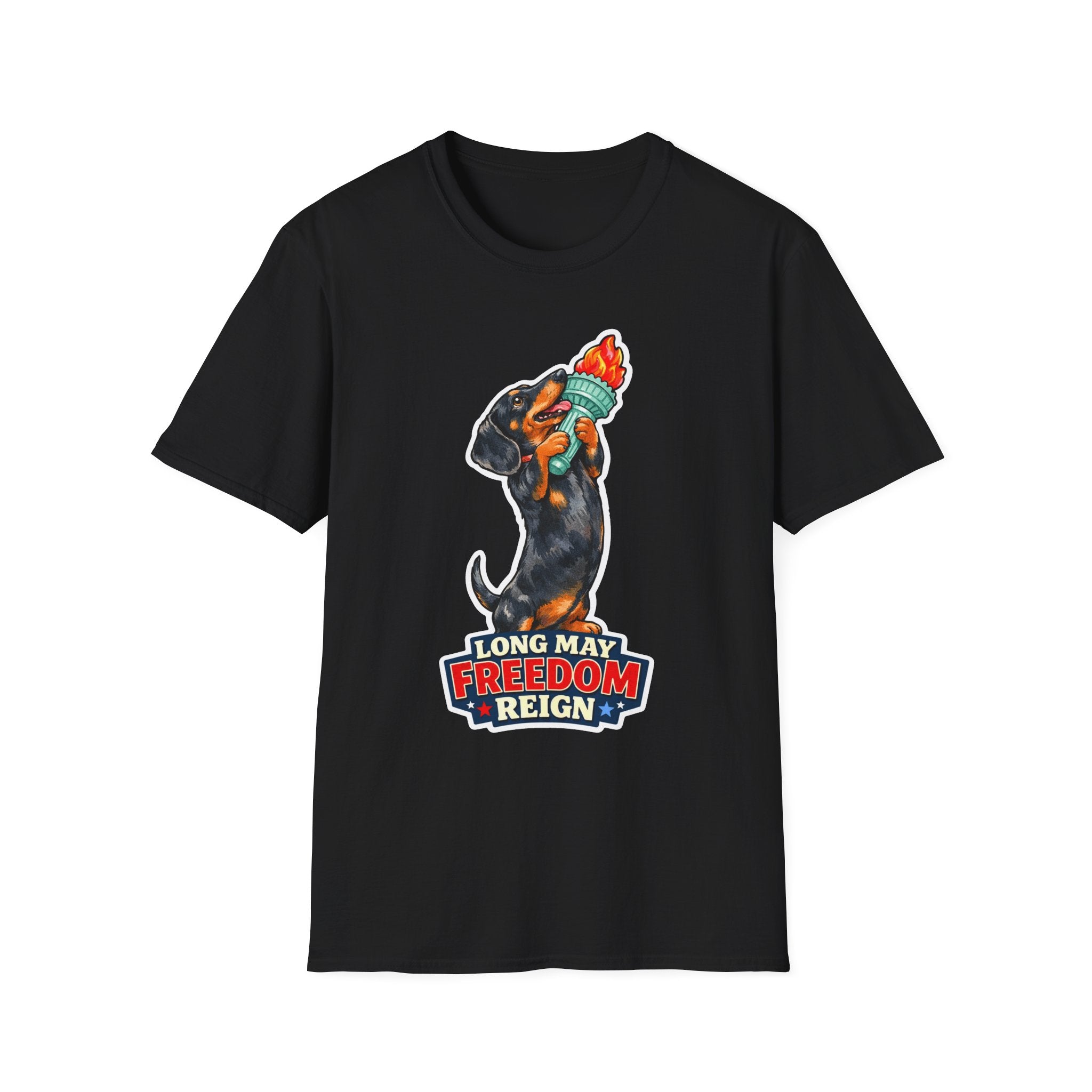 Long May Freedom Reign Funny Dachshund Statue of Liberty Torch T-Shirt | Lady Liberty Pups Collection by PetPulse