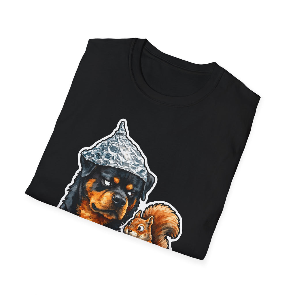 Trust No Squirrel Funny Conspiracy Rottweiler T-Shirt | Pet-Spiracy Theorist Collection by PetPulse